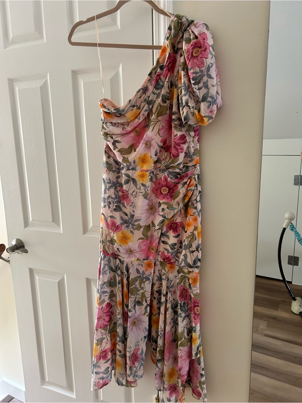 ASTR the Label Floral One-Shoulder Midi Dress in Pink and Yellow